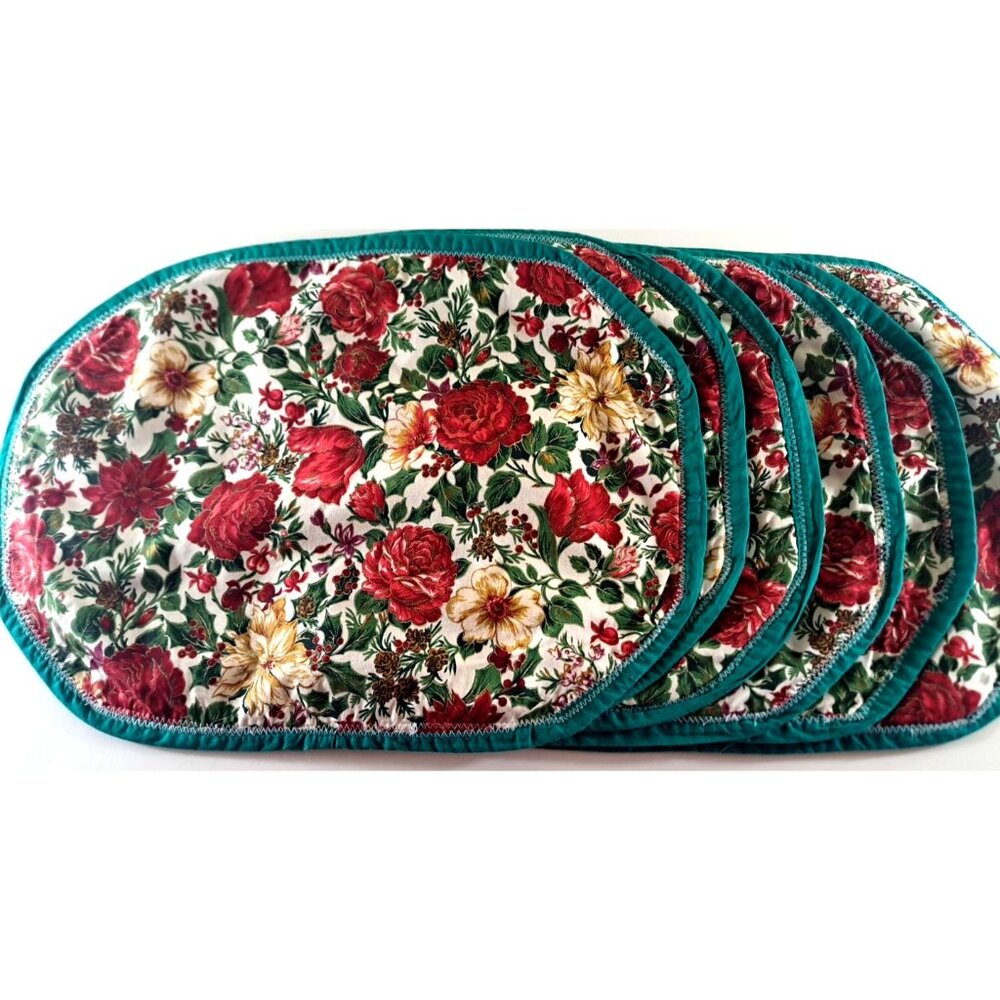 Handmade Quilted Placemats Floral Roses Set Of 6 Turquoise Red Country 12x16
